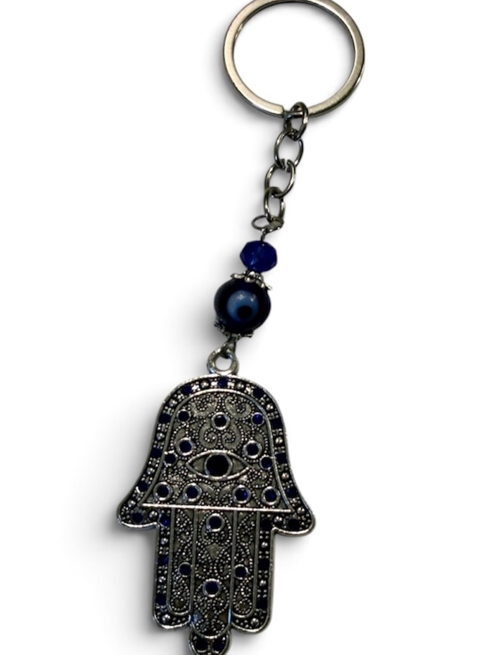 Hamsa Hand Evil Eye Keychain - Silver with Navy Blue Accents